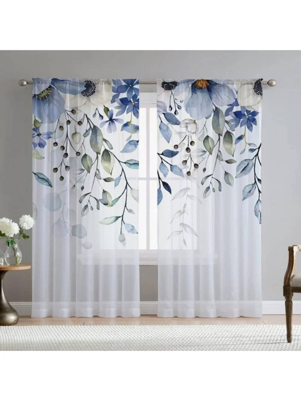 Elegant Blue Floral Sheer Curtains - 84
